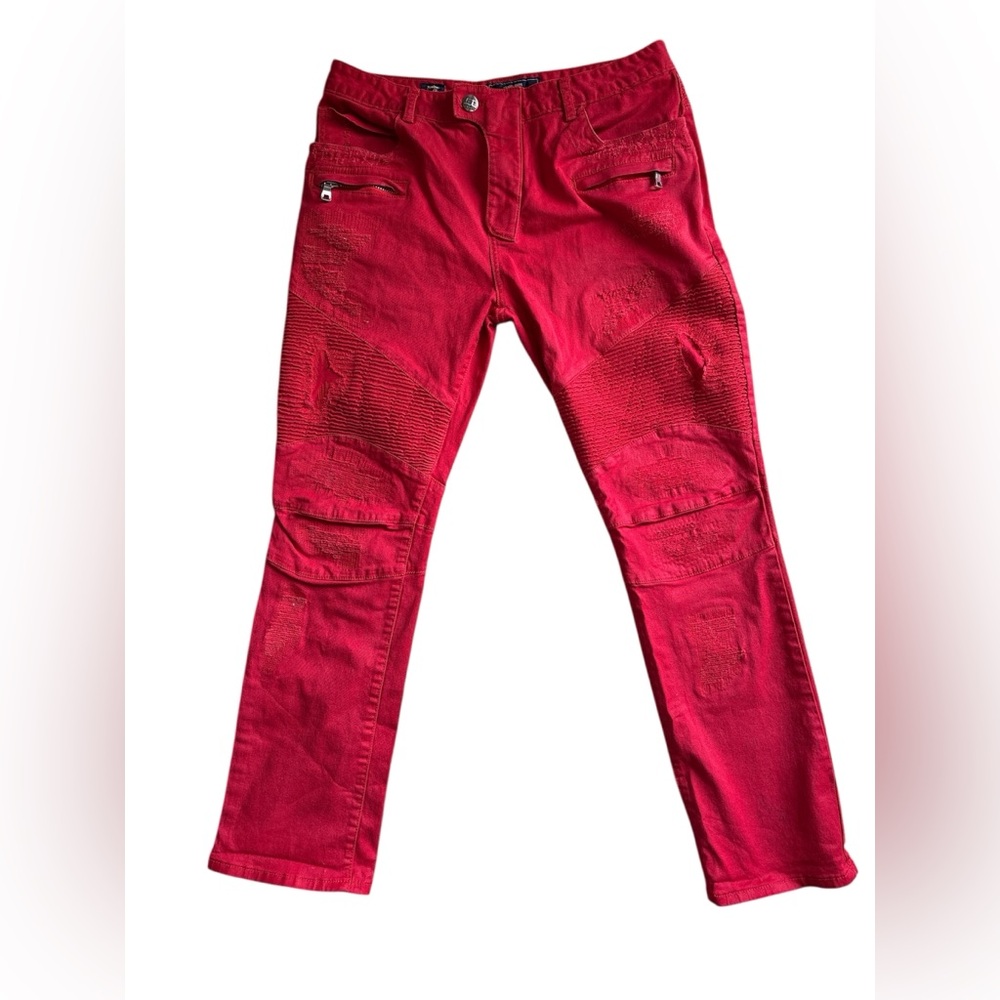 Damati Jeans Red Biker Moto Pants Men's 17x31.25 Distressed Zipper Pockets 36/32